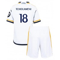 Camisa de Futebol Real Madrid Aurelien Tchouameni #18 Equipamento Principal Infantil 2023-24 Manga Curta (+ Calças curtas)